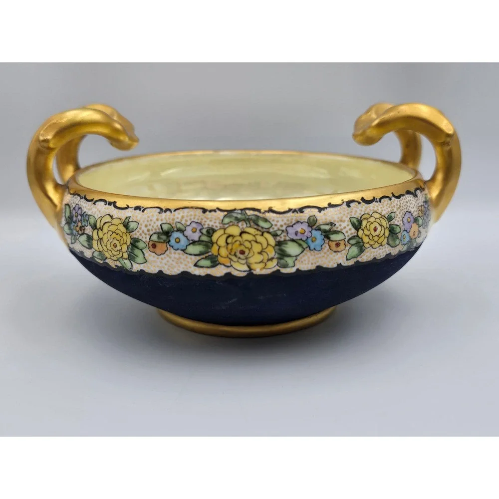 Bavaria Porcelain Floral Nut‎ Bowl Cobalt Blue Gold Gilded Vintage Excellent